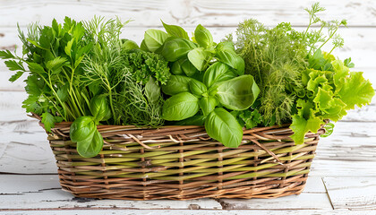 Naklejka premium Spicy herbs: green basil, mint, coriander, dill, cilantro, parsley in wicker basket on a vintage wooden background