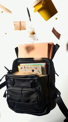 A black bag with papers and books falling out of it.