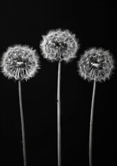 Three dandelion seeds are shown in black and white.