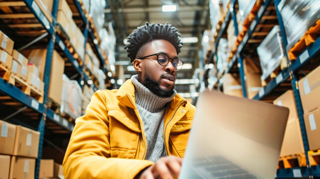 A warehouse worker diligently types on a laptop, surrounded by towering shelves filled with boxes, highlighting the digital integration of modern logistics