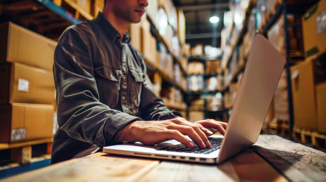 A warehouse worker diligently types on a laptop, verifying inventory levels surrounded by towering stacks of cardboard boxes in a dimly lit warehouse setting