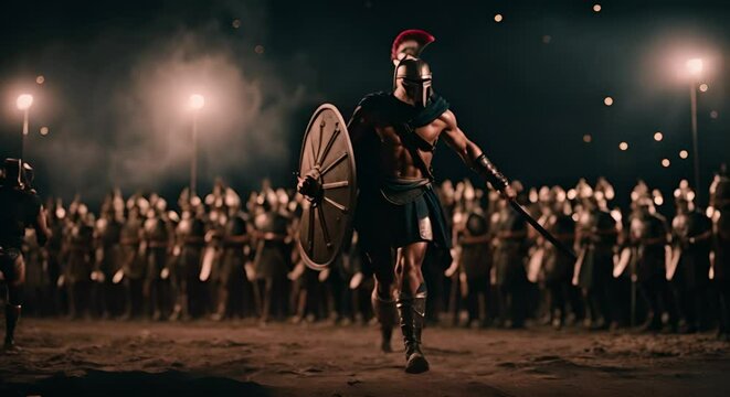 Battle of Spartans with swords and spears at night. Legion of Spartans. Sparta.