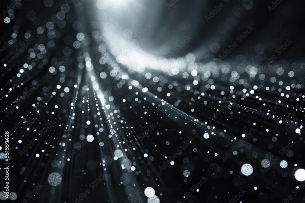Poster abstract digital data stream with sparkling particles on a black background, representing technology