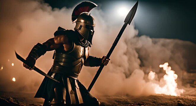Battle of Spartans with swords and spears at night. Legion of Spartans. Sparta.