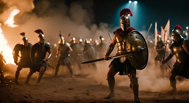 Battle of Spartans with swords and spears at night. Legion of Spartans. Sparta.