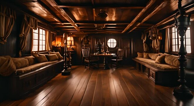Interior of a room on a pirate ship.