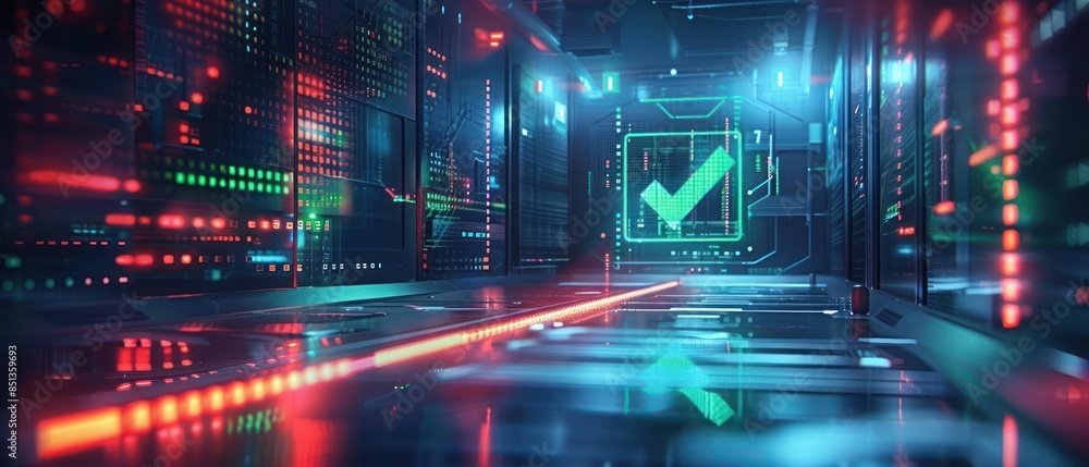 Poster futuristic data center with glowing lights and digital graphics, highlighting security and technolog