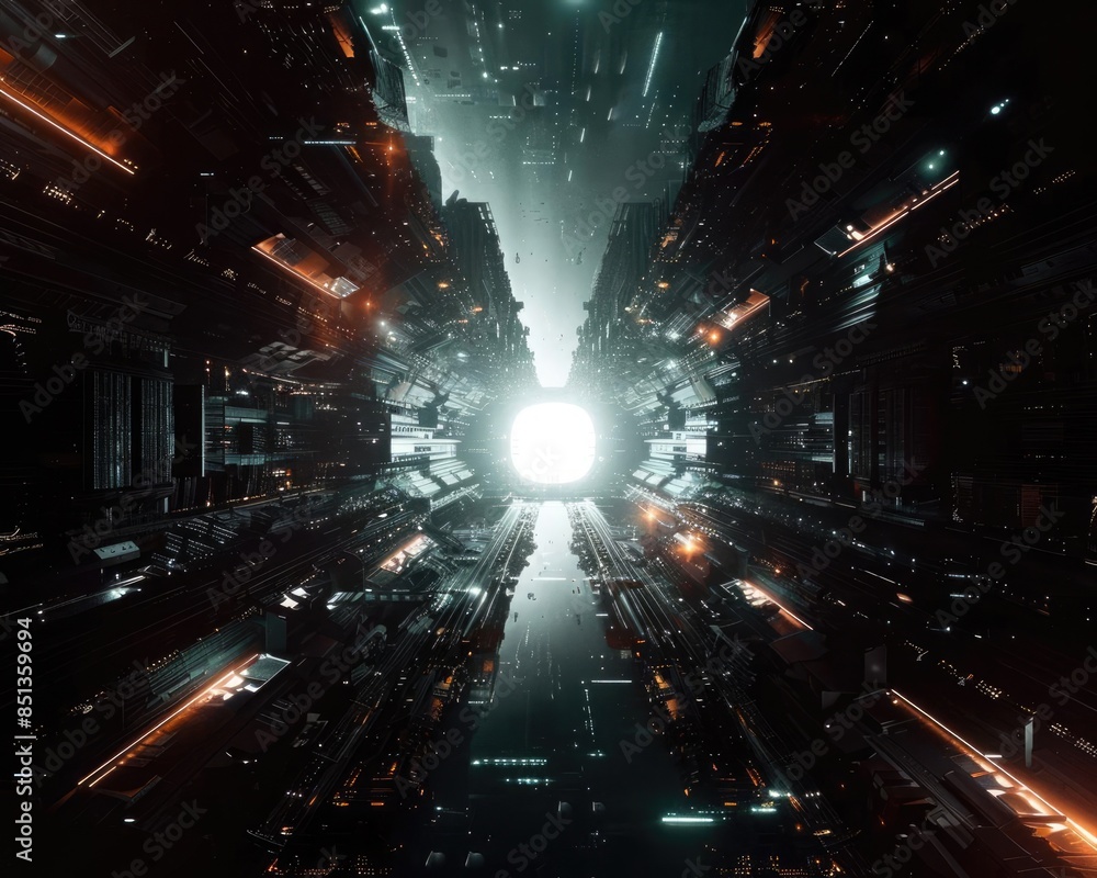 Poster futuristic cyber tunnel with glowing light, representing advanced technology and sci-fi themes, idea