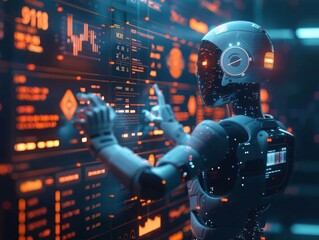 Fototapeta premium Futuristic AI robot interacts with digital interface, analyzing data and utilizing advanced technology in a high-tech environment.
