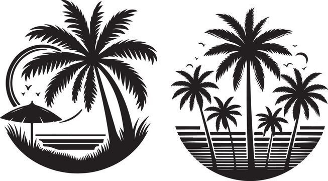 Vintage Palm Tree Black and White Silhouette Vector Design.