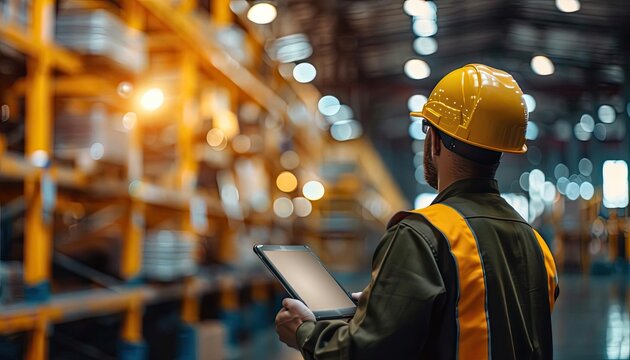 Engineer in safety gear using tablet for warehouse inventory management, ensuring efficient logistics operations in industrial setting.