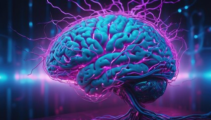 Obraz premium Dive into the world of artificial intelligence with a mesmerizing image of a brain, glowing in neon hues, showcasing the complexity and beauty of neural connections