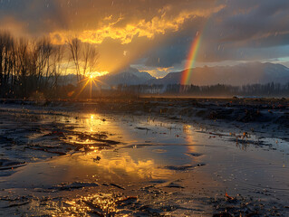  a landscape during  sunset with rianbow, featuring a dirt road leading towards a large, bright, yellow tree with a reflection on the water.