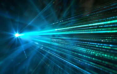 Obraz premium A beam of blue and green light shines on the dark background, with green lines spreading from one end to another