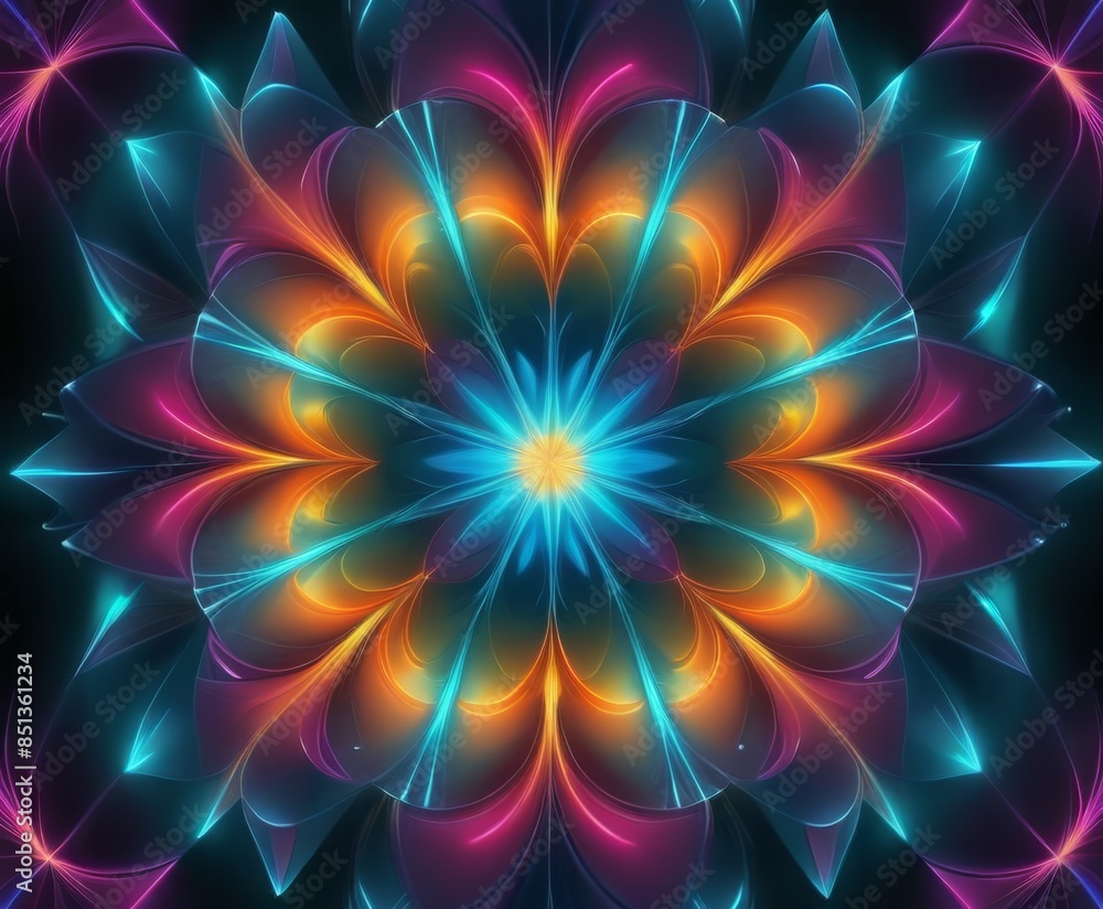 Poster an intricate mandala design featuring vibrant, multicolored petals radiating from the center. the sy