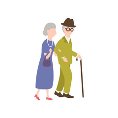 仲良く散歩する老夫婦、シニアカップルのイラスト