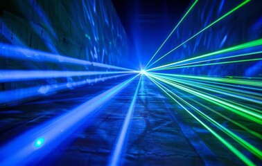 A beam of green light with blue laser lines, light streaks, blue and dark background