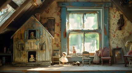 A Dusty Dollhouse in a Sunlit Attic