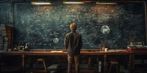 a real photo of a professor standing in front of a giant chalkboard while writing on it.