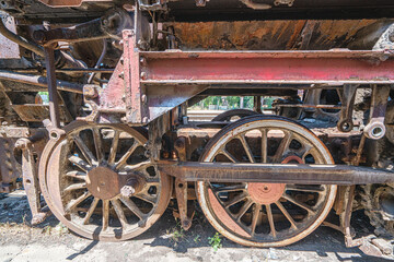 Steam locomotive in very bad condition, completely rusty and abandoned on the unused tracks at Uşak Rail way station.