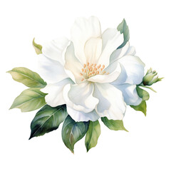 White flower with detailed petals and green leaves, png isolated on transparent