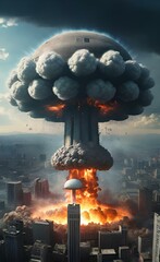 big nuclear explosion mushroom cloud effect over city skyline for apocalyptical aftermath of nuclear attach or the use of mass destruction weapons.
