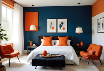 Modern Bedroom, A contrast color between dark blue and orange, with a large window for morning sunlight