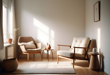 Cozy and warm nature color living room, Two armchairs, and a nude carpet color in the middle of the room