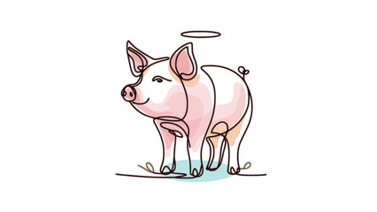 continuous line of a pig pastel color, isolated white background
