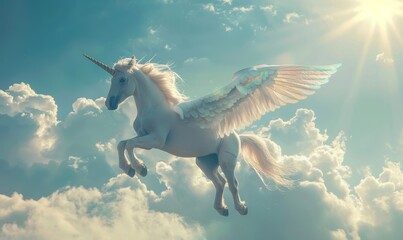 Fototapeta premium A magical baby unicorn with iridescent wings soars gracefully through a dreamy, enchanted sky filled with soft clouds and shimmering stars