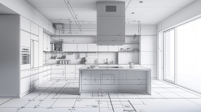 Miniature modern minimalist design kitchen with cupboards and furniture layout. The kitchen is empty and has a clean and elegant appearance