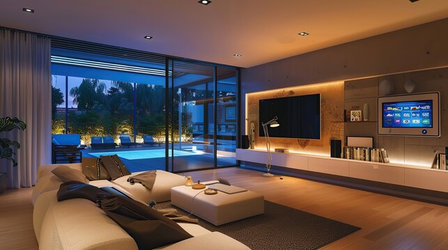 Modern living room interior displays a high-tech smart home with a luxurious and elegant design