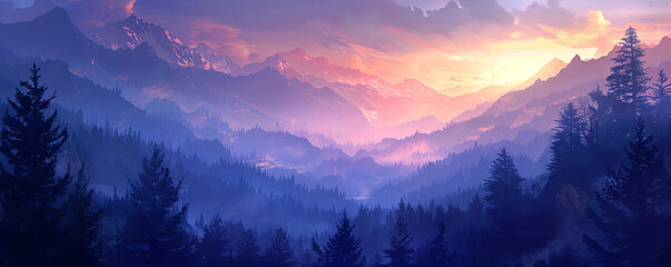 A landscape of a mountain range in the light of dawn.