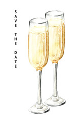 Champagne glasses. Save the Date card. Hand drawn watercolor illustration  isolated on white background