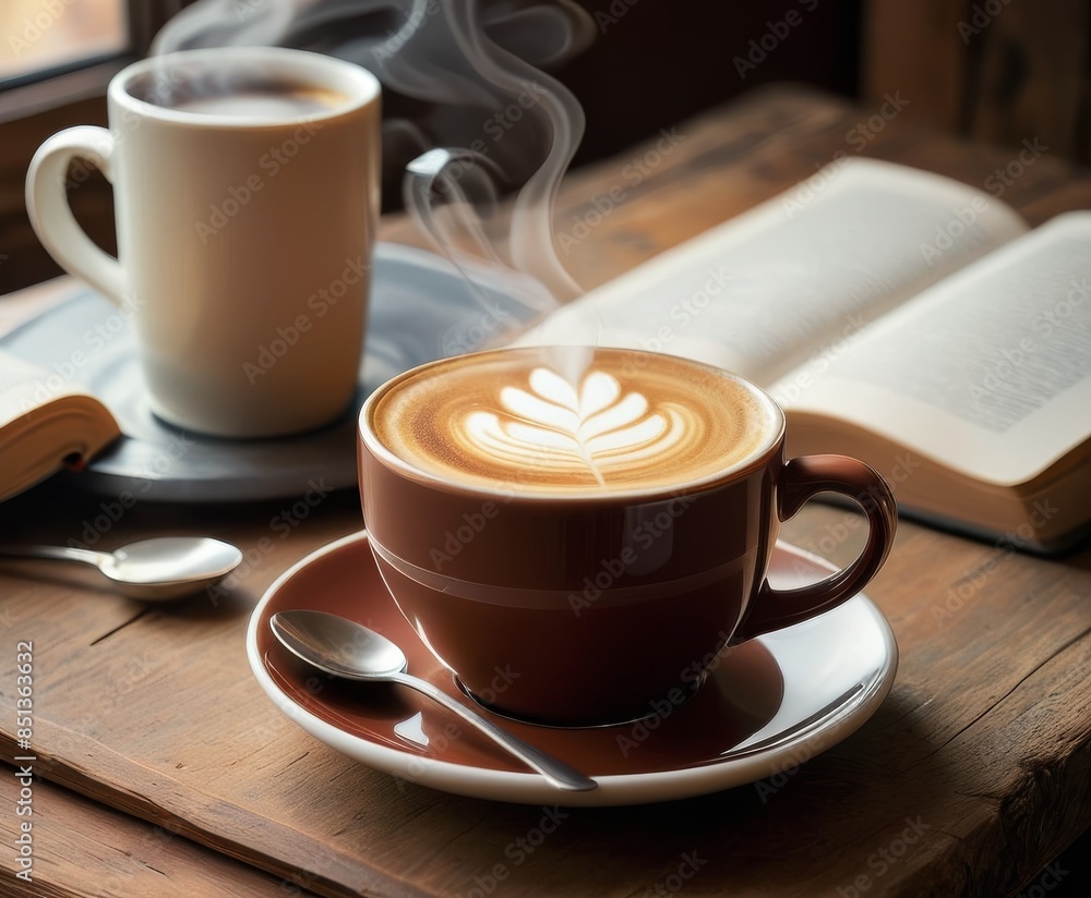 Poster a steaming cup of coffee with intricate latte art, set on a rustic wooden table next to an open book
