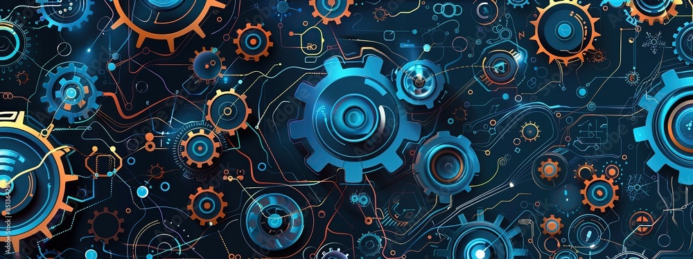 Aufkleber gears and mechanical parts for presentation of the inner workings of a machine for futuristic mechan