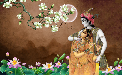 Indian god radha krishna on texture background , floral branch with lotus flowers and water lily leaves , interior decoration wallpaper.
