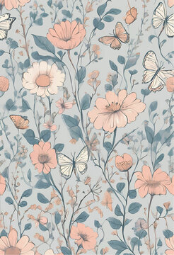 Watercolor Floral Pattern With Butterflies On A Light Blue Background