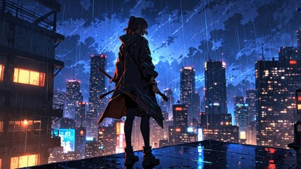A modern ninja standing on top of a building in a cyberpunk city full of skyscrapers and neon lights during the night rain.
