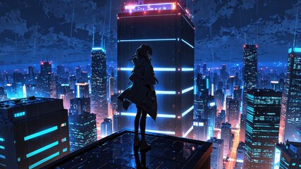 A stealth ninja standing on top of a building in a cyberpunk city full of skyscrapers and neon lights during the night rain.
