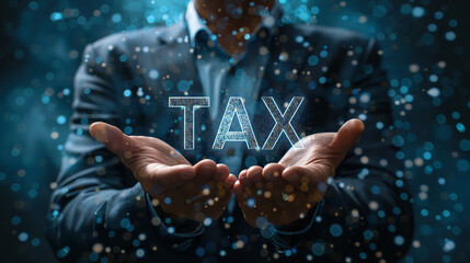 Businessman presenting the word TAX with open hands, symbolizing finance, tax season, and financial planning under a blue bokeh background.