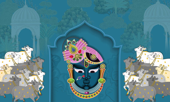 illustration of  Lord Shreenathji Pichwai Painting with Cow pattern , Rajasthani pichwai Painting for Interior Wall Decor.