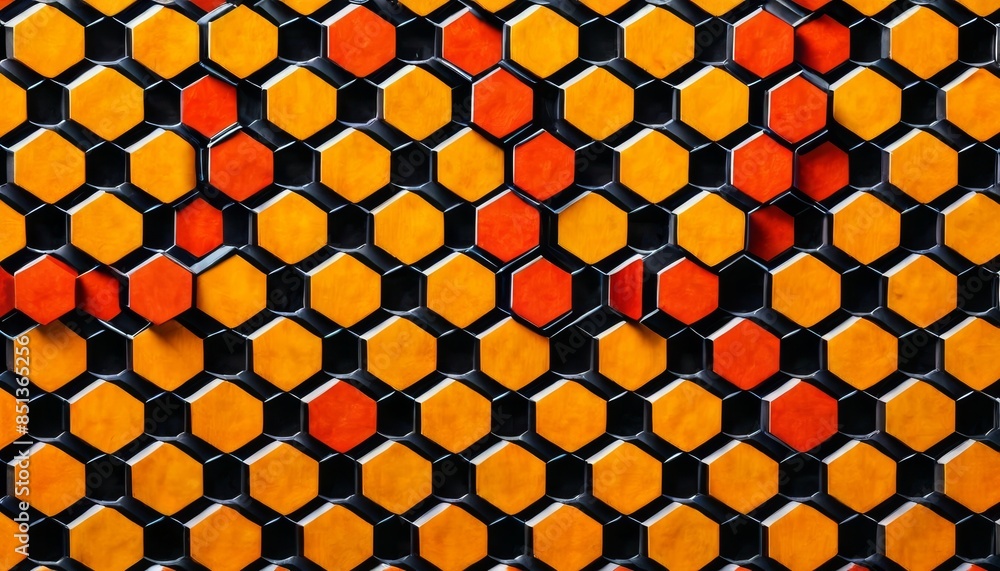 Poster abstract honeycomb pattern featuring orange and black hexagons. the geometric design creates a moder