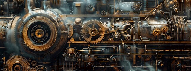 Steampunk inspired mechanical technological landscapes with huge gears and smoking pipes