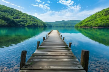 Fototapeta premium A wooden pier that leads to a turquoise lake with blue skies and white clouds, The side of the lake is leafy and has various green shades, and stones can be seen under the clear and calm surface.