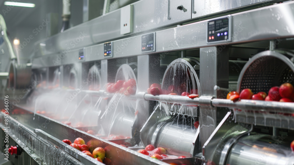 Poster apple washing process in food factory showing apples being cleaned and washed by an automated machin