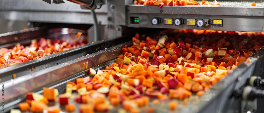 Poster fruit cutting in food processing facility showing an automated system slicing various fruits into sm