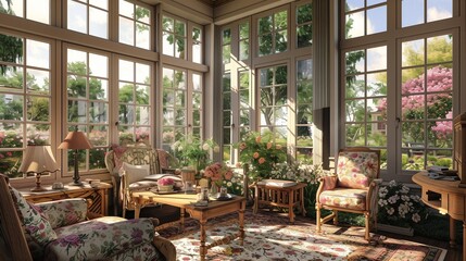 Fototapeta premium A sunroom with a charming country cottage feel, featuring wooden furniture, floral patterns, and large windows overlooking a blooming garden