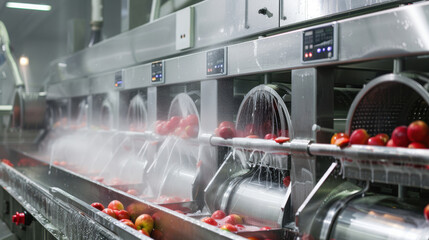 Apple Washing Process In Food Factory showing apples being cleaned and washed by an automated machine in an industrial facility.