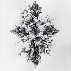 Black and white detailed cross ink floral illustration 